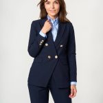 Blazer bleu marine croisé pour femmes avec boutons dorés 19013