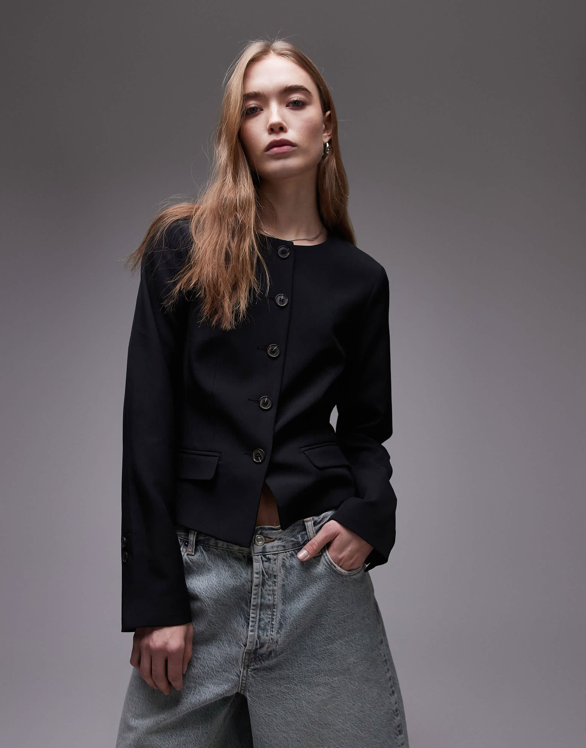 blazer-noir-073qne-1.jpg Blazer noir à col rond et sans col de Topshop EU 32 / black – Image 1