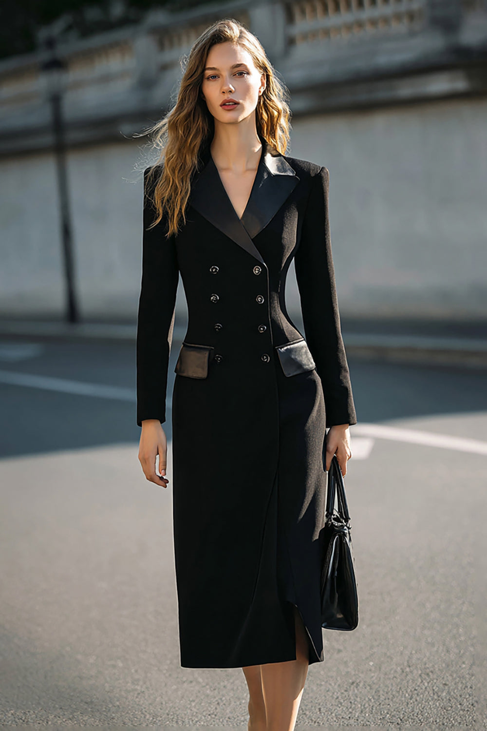blazer-noir-081fxv-1.jpg Robe blazer midi à double boutonnage noir crayon avec manches – Image 1