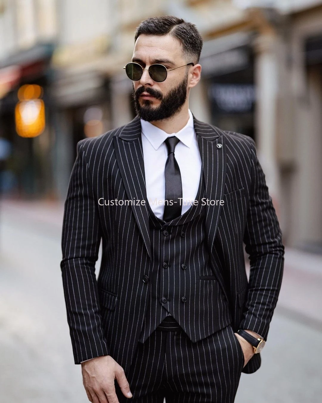 blazer-noir-996qny.webp Costume noir à fines rayures pour hommes, ensemble blazer coupe couvertes, veste et pantalon, revers Patricia à boutonnage simple, mariage formel, haute qualité, 3 pièces AliExpress 200000343 – Image 1