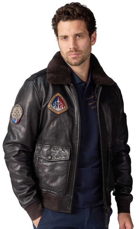 blouson-aviateur-homme-646tpk-1.jpg Blouson Cuir Homme Aviateur Raven Alpha Patrouille De France Redskins couleur Marron Foncé Tailles Hommes L – Image 1
