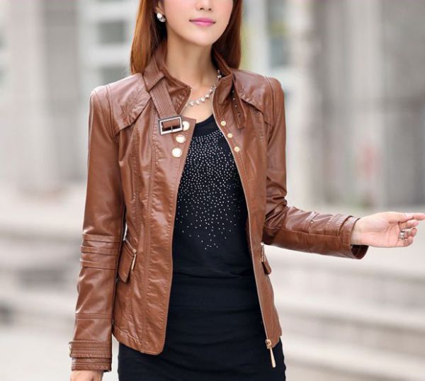 blouson-cuir-femme-751fnp-1.jpg Blouson en cuir artificiel pour femme avec col bouclé – Image 1