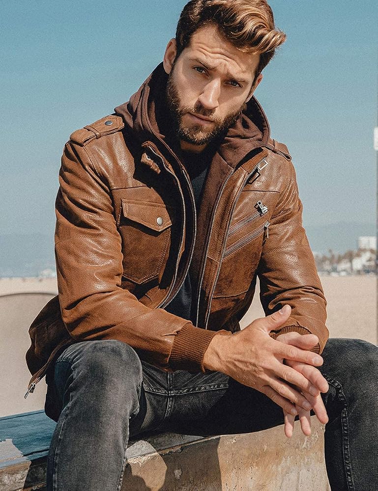 blouson-cuir-homme-285xuj-1.jpg FLAVOR Veste en Cuir véritable Homme à Capuche (S, Marron) : Amazon.fr: Mode – Image 1