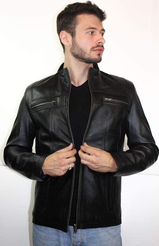 blouson-cuir-homme-709yrs-1.jpg Blouson en Cuir d'agneau noir "John" Pour homme – Image 1