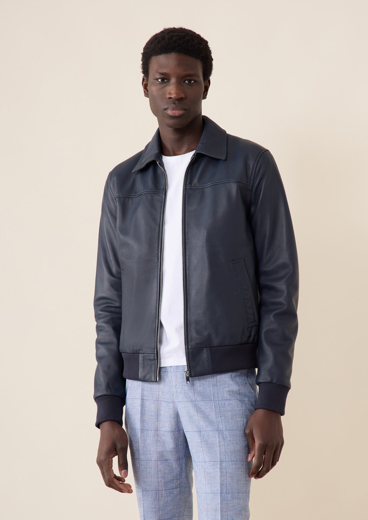 blouson-cuir-homme-827lbv-1.jpg Blouson en cuir bleu marine | Father & Sons – Image 1