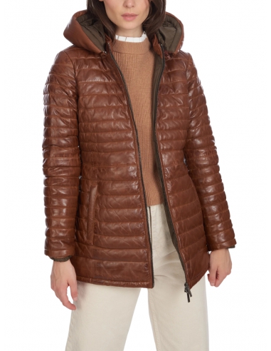 doudoune-mi-longue-femme-976fpt-1.jpg Doudoune en cuir mi longue femme Oakwood Hopper cognac Pallas cuir – Image 1