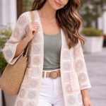 Gilet long beige en crochet pour femme