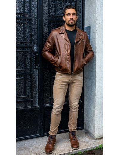 perfecto-homme-582yii.png GOL101485 Perfecto homme cuir vachette marron ambiance cuir – Image 1
