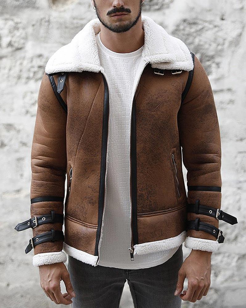 veste-aviateur-homme-080ltn-1.jpg Blouson veste aviateur type bombardier camel marron avec doublure fourrure sherpa blanche écru pour homme – Image 1