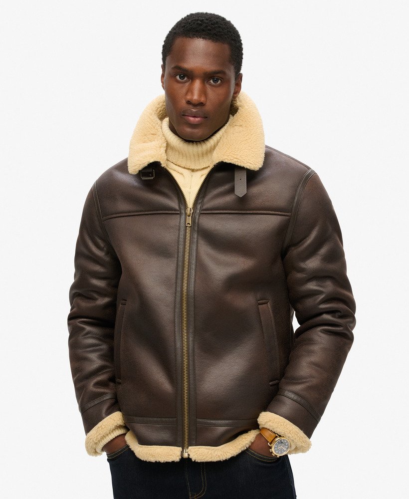 veste-aviateur-homme-337pnb-1.jpg Veste aviateur en peau de mouton synthétiquemarron foncé pour Homme | Superdry FR – Image 1