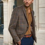 Veste homme pure laine à carreaux miel Curling Paris