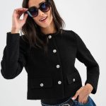 Veste courte aspect tweed avec boutons métalliques femme noir | GEMO
