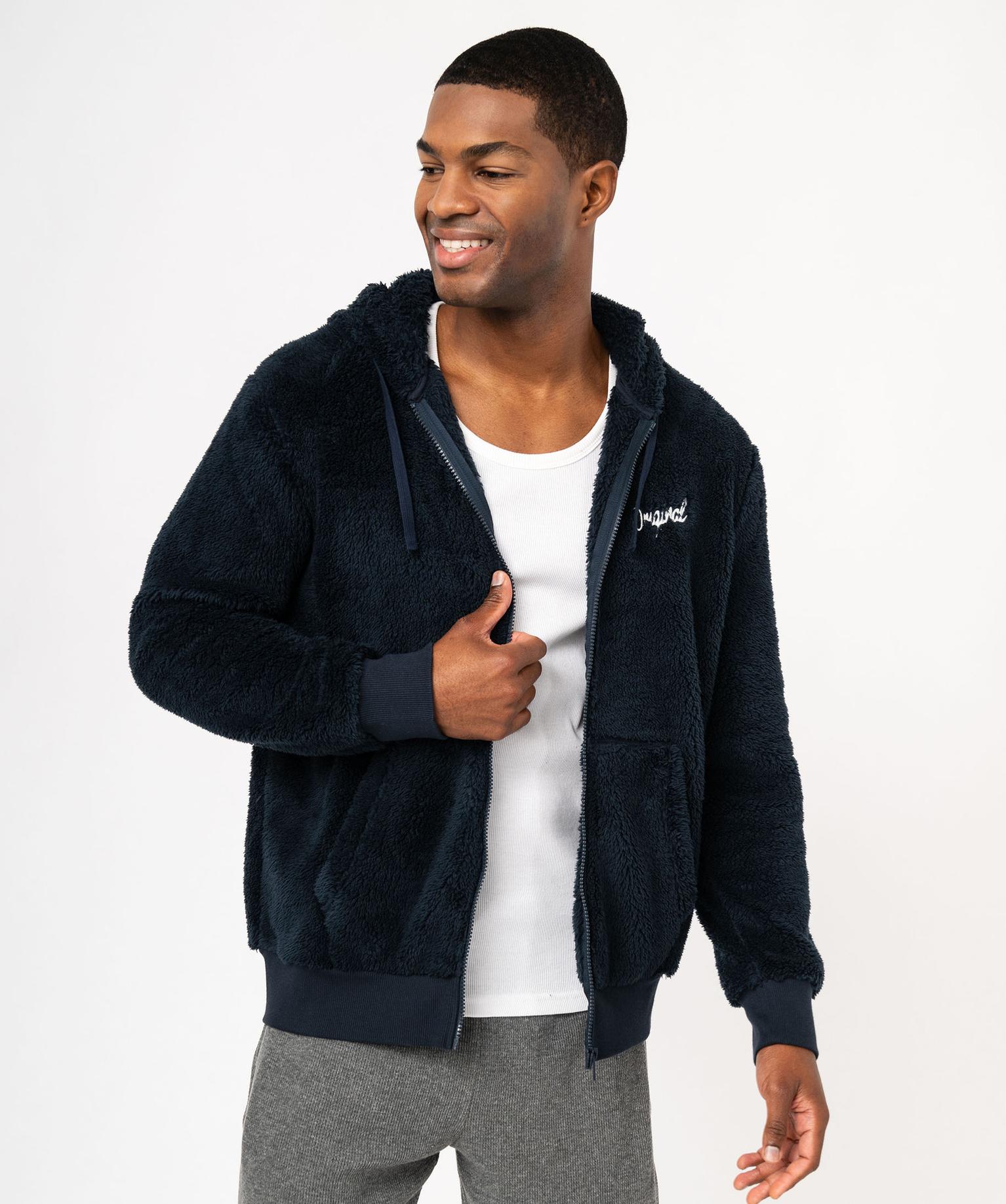 veste-d-interieur-homme-211fcj.jpg Veste d'intérieur à capuche en maille homme navy | GEMO – Image 1