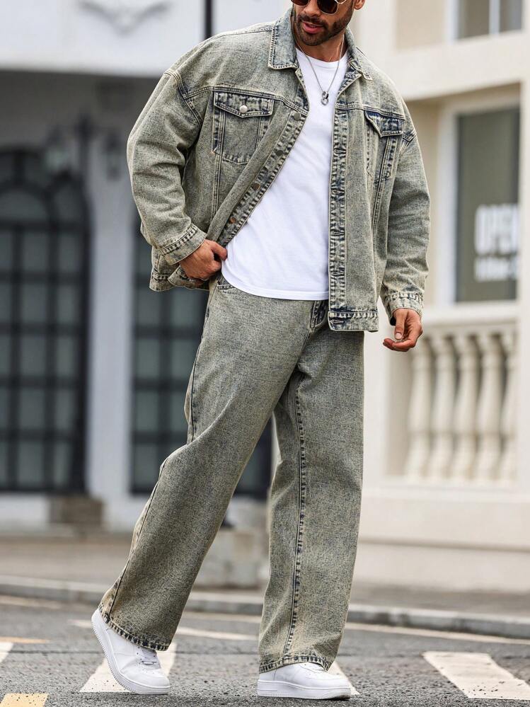 veste-en-jean-homme-893svz-1.jpg Manfinity Homme Ensemble de veste en jean décontractée et de pantalon long grande taille pour hommes, printemps / automne | Mode en ligne | SHEIN FRANCE – Image 1