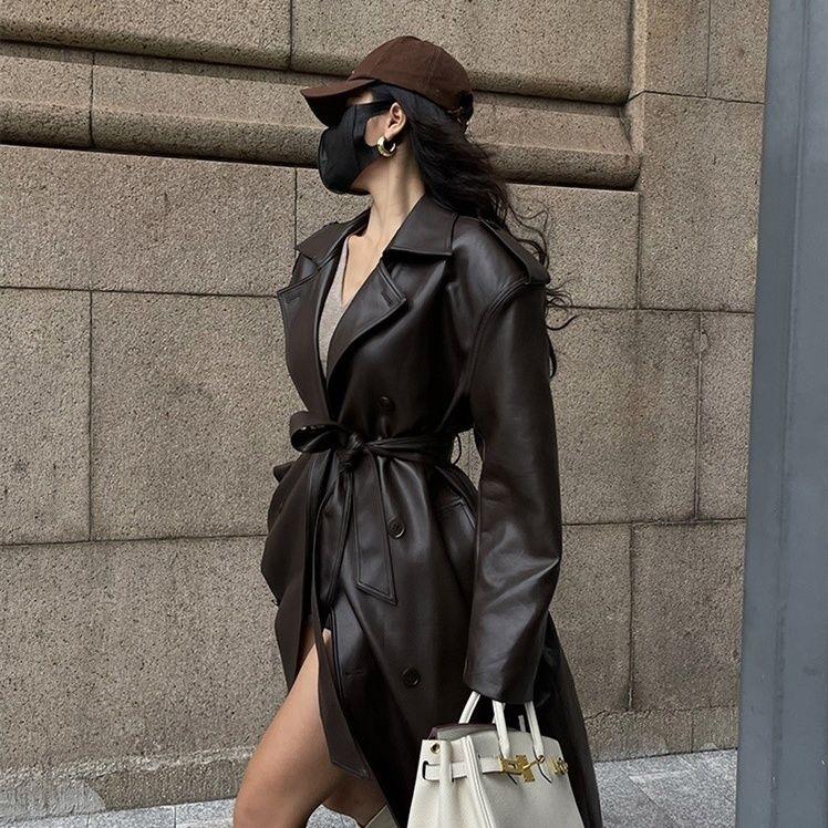 veste-longue-femme-293gfh-1.jpg Acheter Veste longue rétro mi longue en cuir Pu pour femme, coupe vent ample | Joom – Image 1