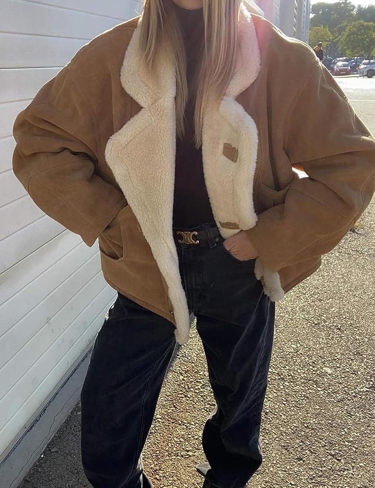 veste-moumoute-femme-801bja-1.jpg Veste en Peau de Mouton retournée doublée Sherpa pour Femme Manteau épais en Polaire à la Mode d'hiver (café,S) : Amazon.fr: Mode – Image 1