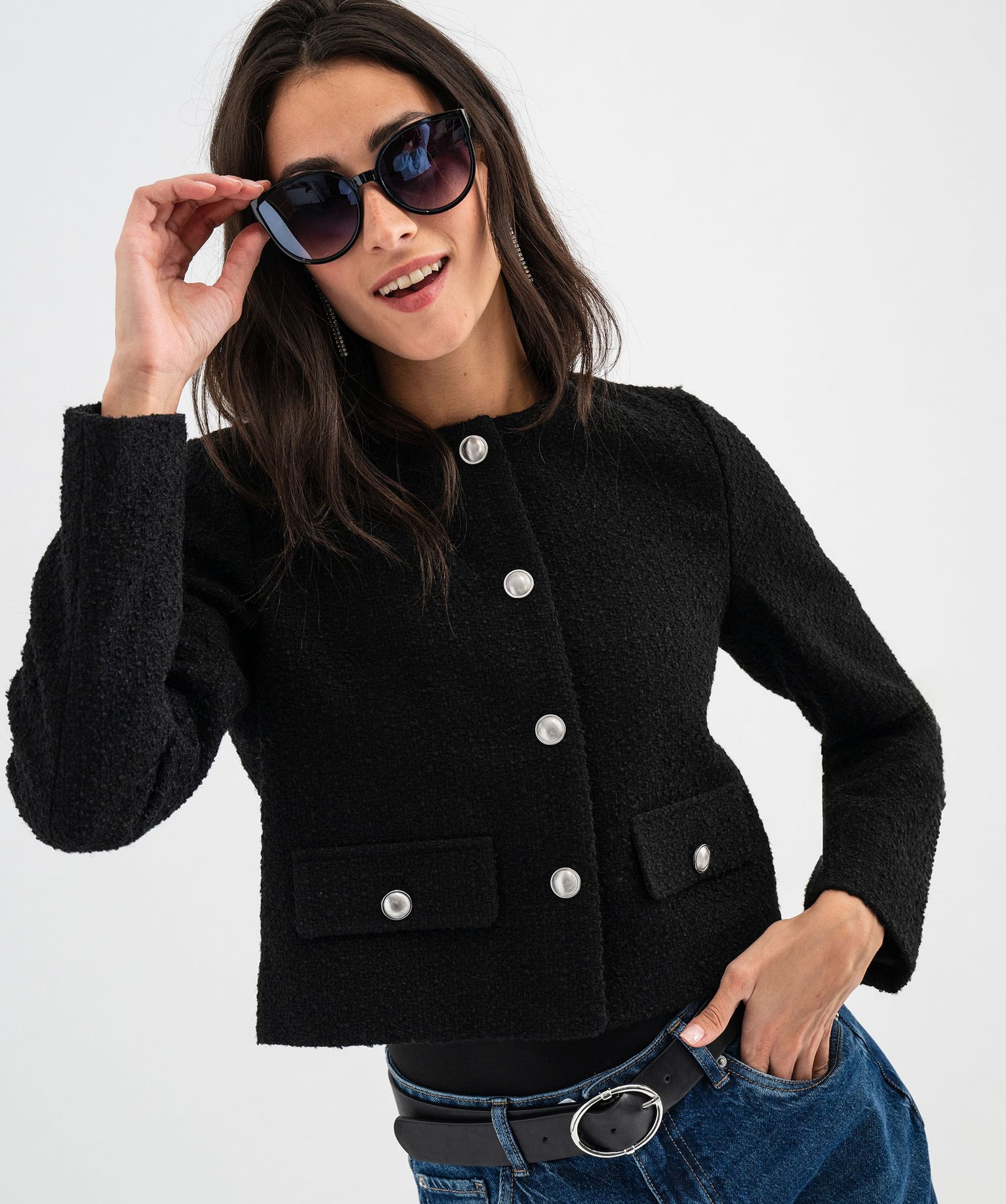 veste-noire-femme-105znx-1.jpg Veste courte aspect tweed avec boutons métalliques femme noir | GEMO – Image 1