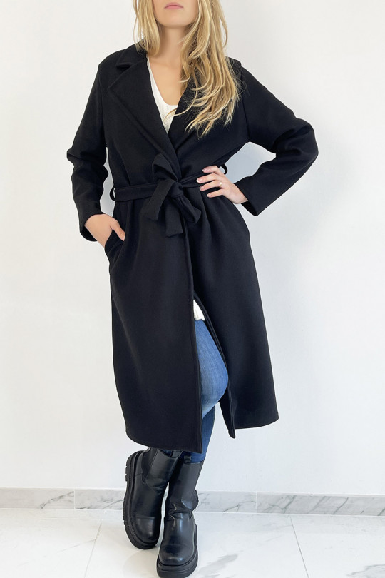 veste-noire-femme-506ujb-1.jpg Longue veste noire avec ceinture et poches – Image 1