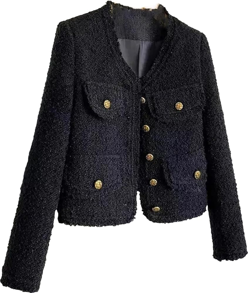veste-tweed-femme-040qsn-1.jpg Blazer en Tweed pour Femme Revers élégant Bureau d'affaires décontracté Section Courte Cardigan Boutons à Manches Longues Veste Courte Chic Costume ... – Image 1